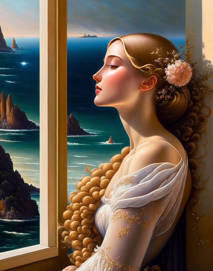 Illustration of woman with golden hair looking at coastal seascape