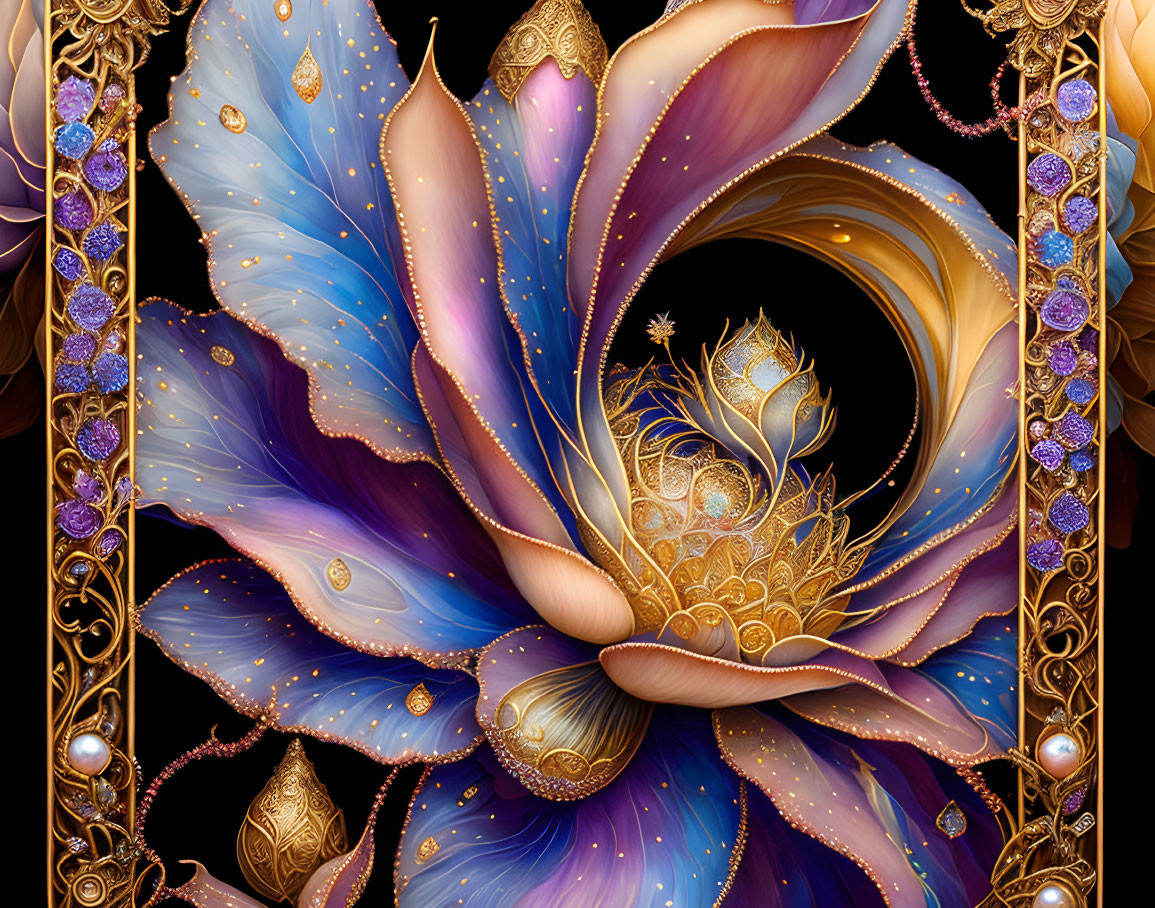 Ornate purple and pink flower digital artwork with gold accents
