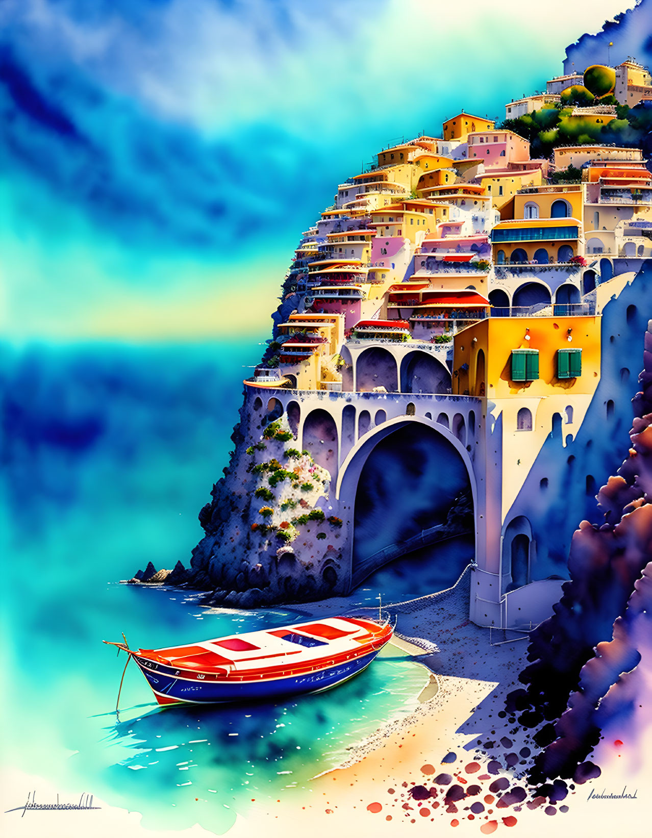 Colorful Coastal Town Illustration Overlooking Blue Sea