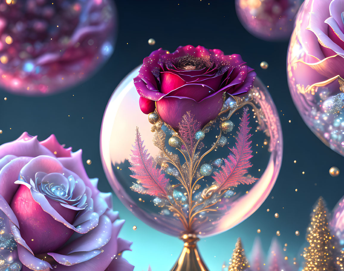 Ornate orbs with pink roses and ferns on dark blue backdrop