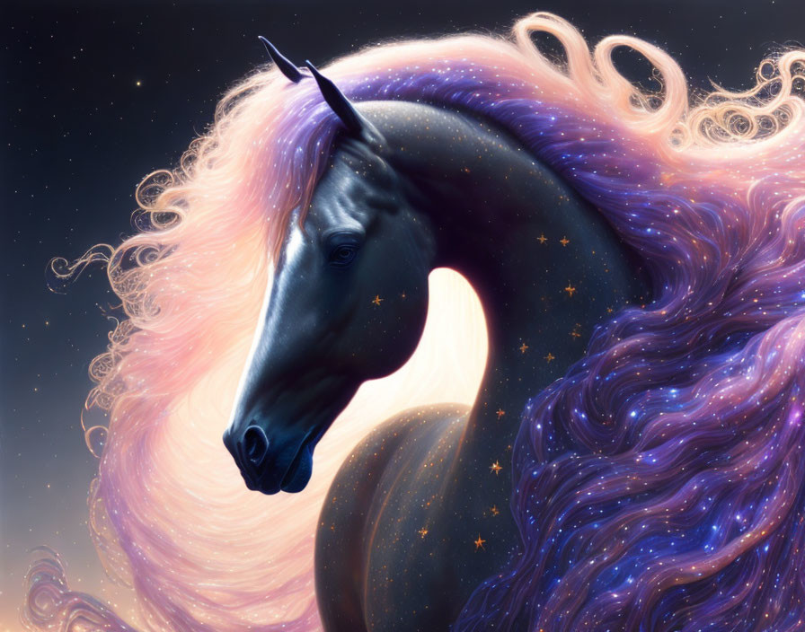 Black unicorn with starry mane in cosmic backdrop