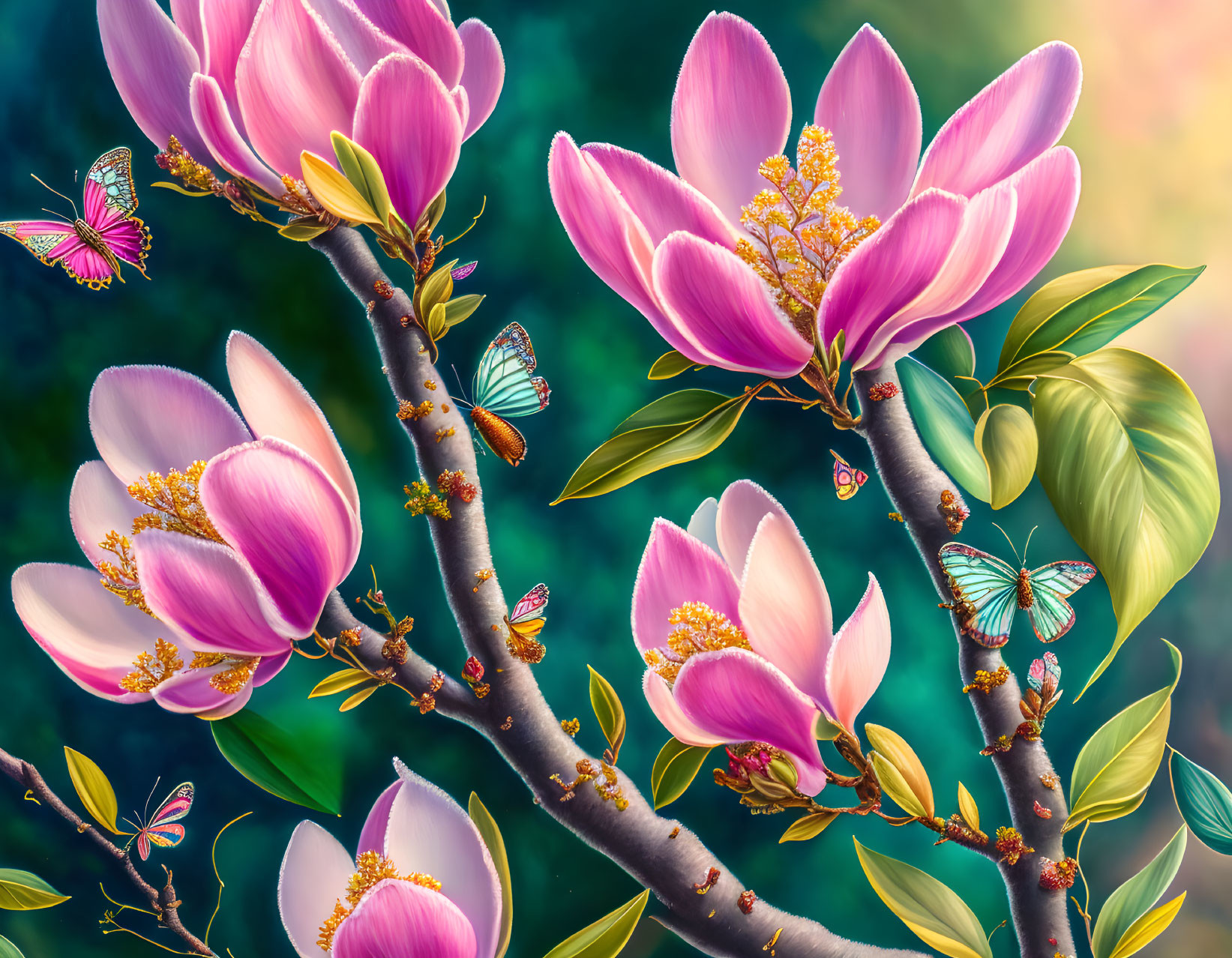 Colorful Magnolia Blossoms and Butterflies on Whimsical Background