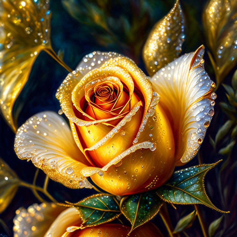Golden Rose with Dewdrops Among Variegated Leaves