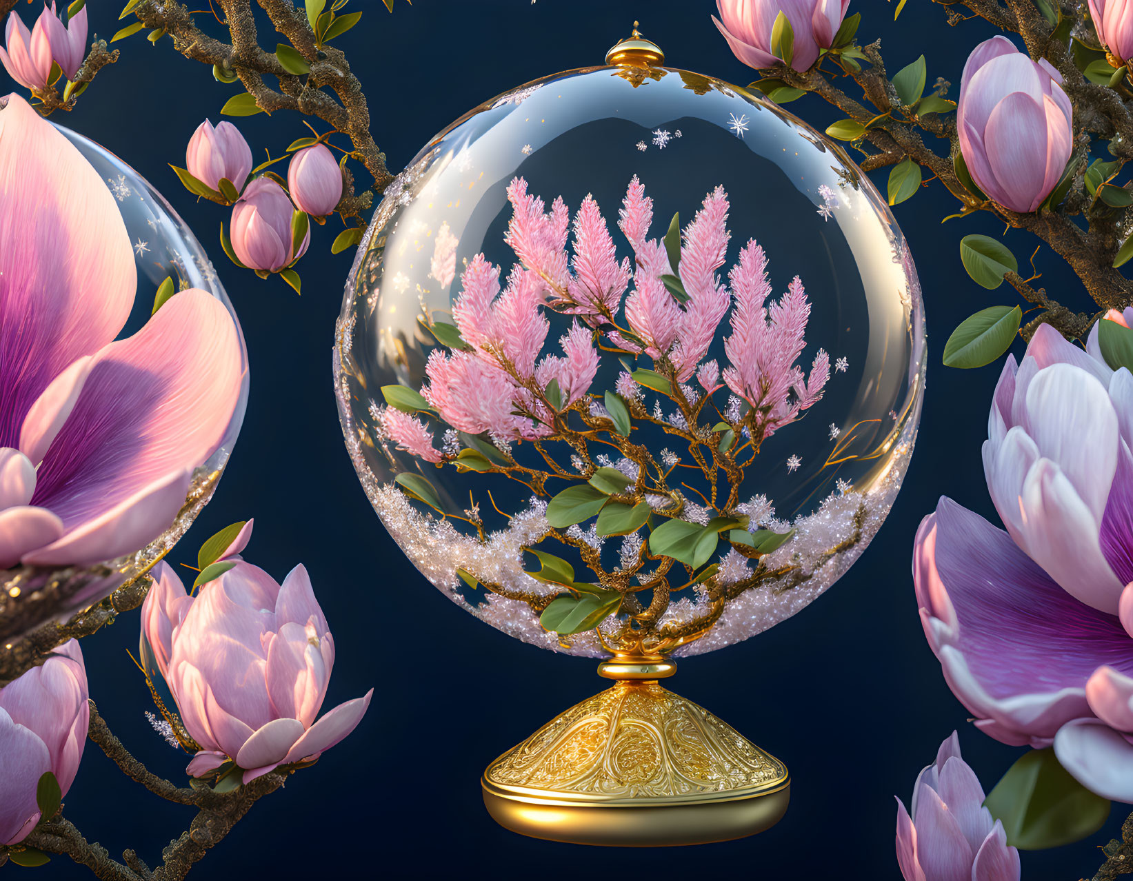 Glass snow globe with cherry blossom tree and magnolia flowers on dark blue background