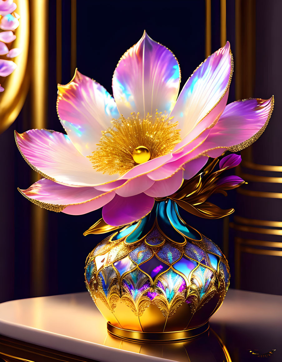 Stylized lotus flower art with gold and purple hues on ornate vase