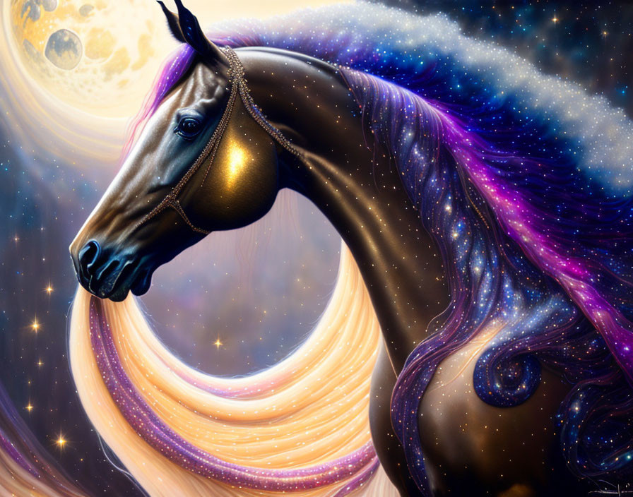 Majestic cosmic horse with star-infused mane in galaxy backdrop