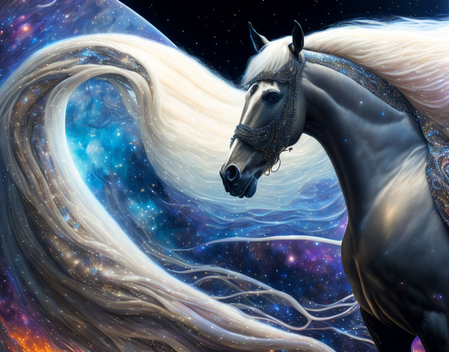 Majestic horse with flowing mane in cosmic background adorned with bejeweled bridle