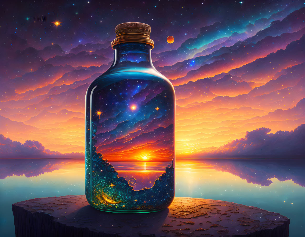 Glass bottle with vibrant galaxy and sunset scene reflected in water