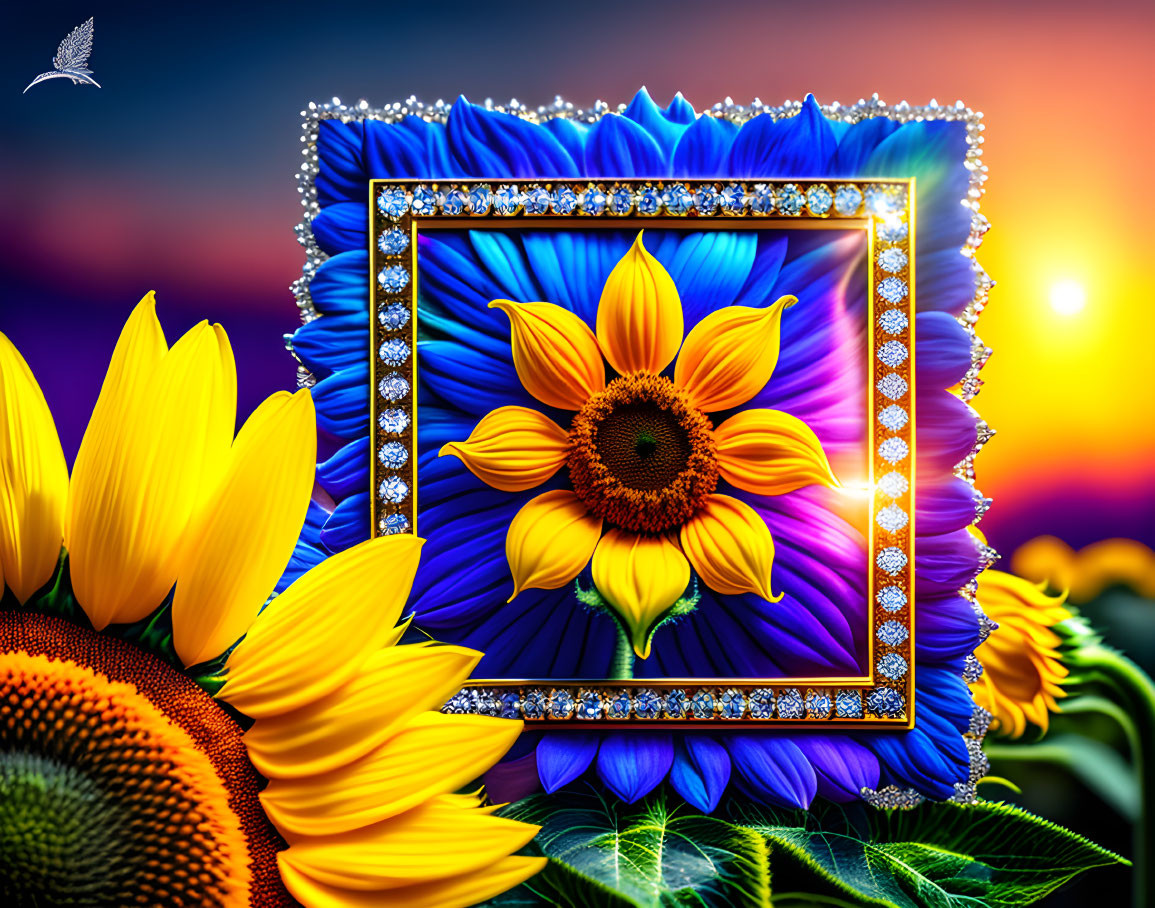 Colorful Sunflower Digital Artwork with Blue Petals and Jeweled Borders