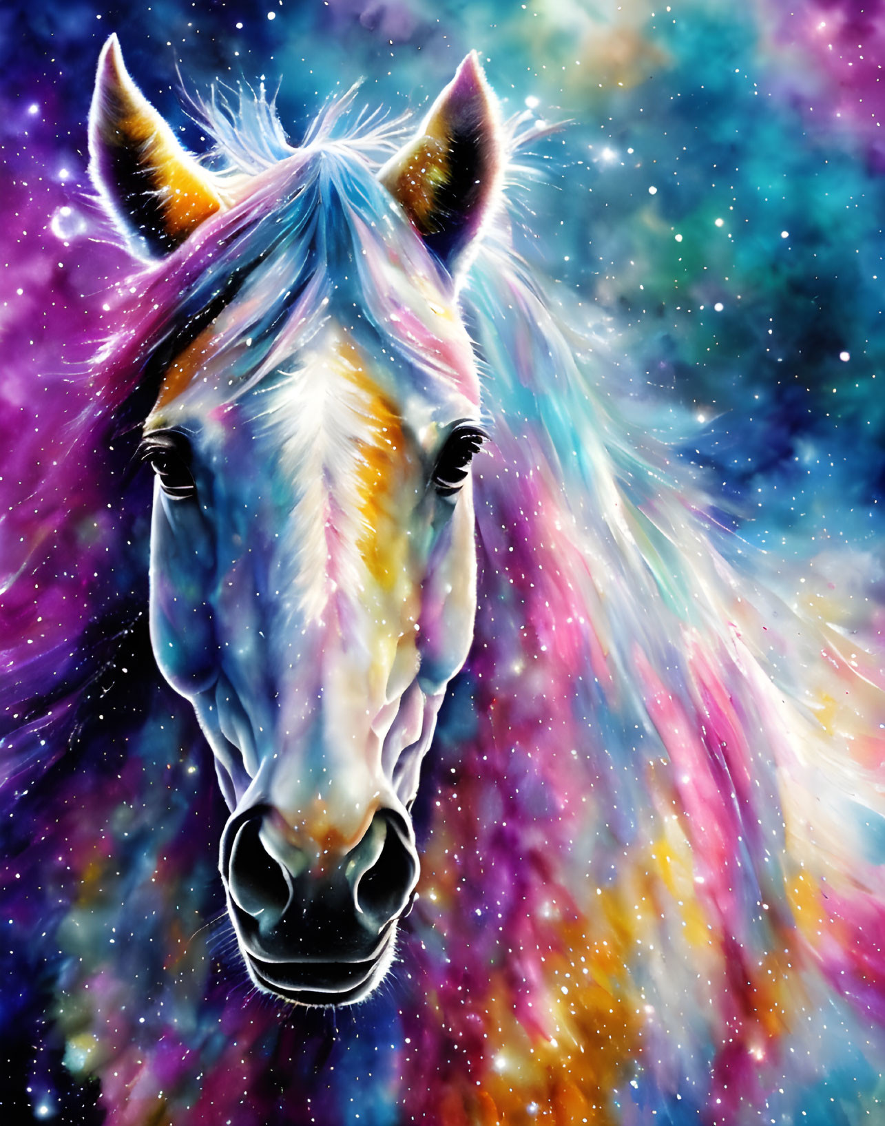 Vibrant horse head illustration with cosmic background