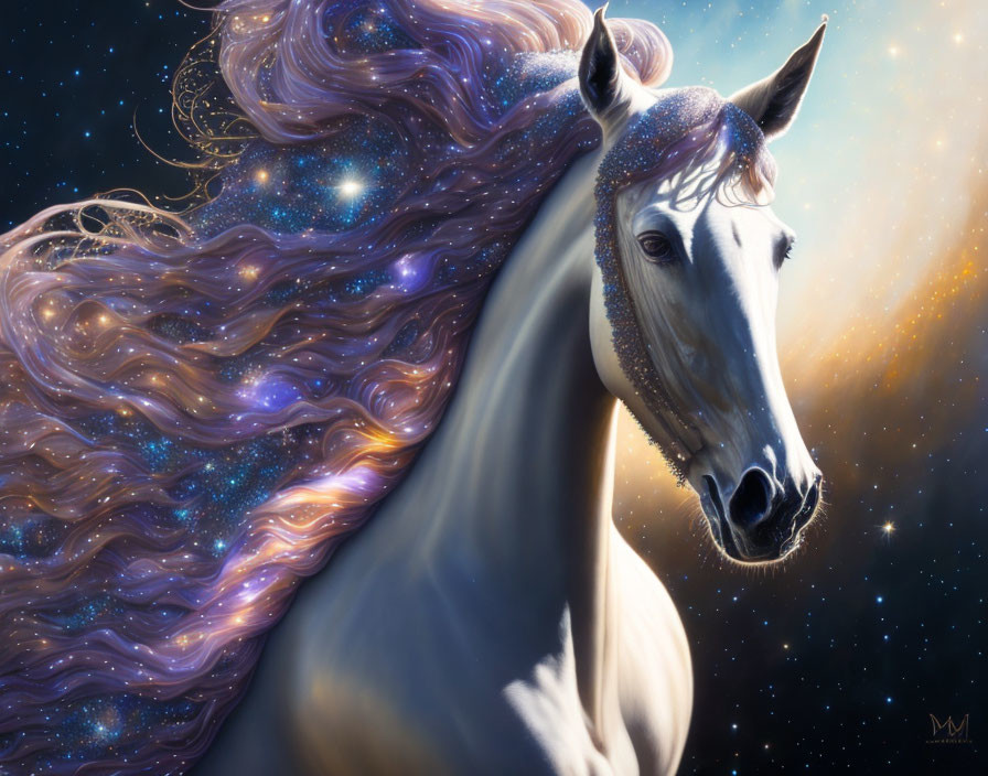 White Horse with Galaxy-Like Mane on Cosmic Background