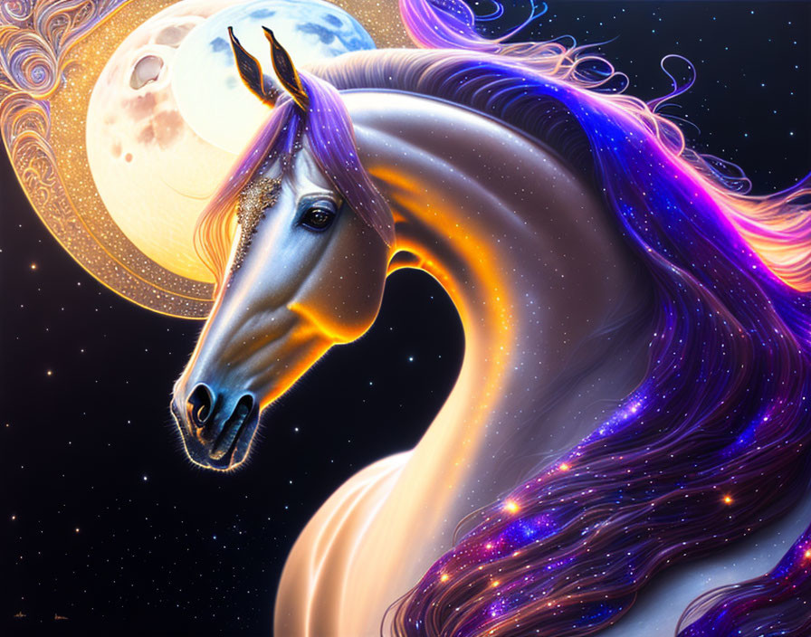 Majestic unicorn with multicolored mane under starry sky