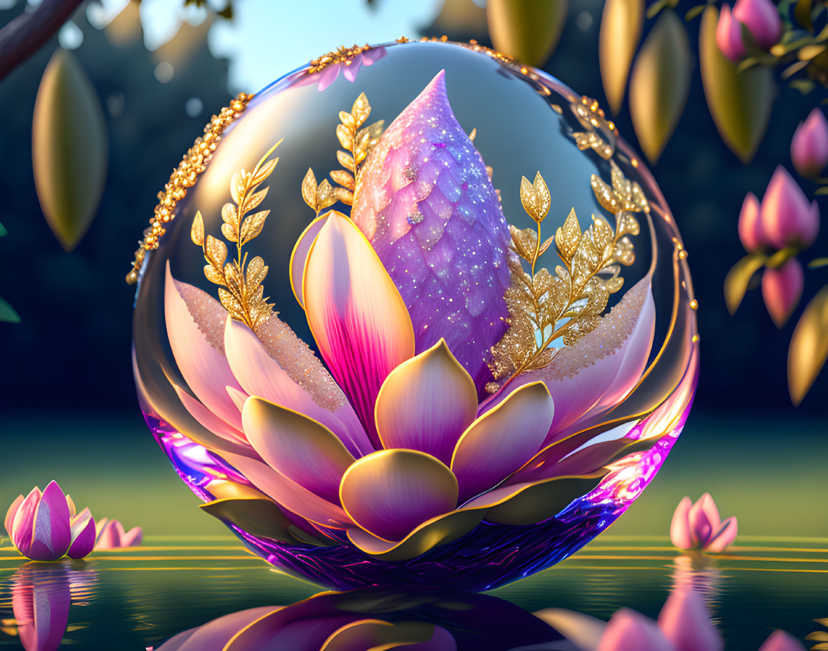 Vibrant purple lotus in transparent sphere with golden leaves on nature backdrop