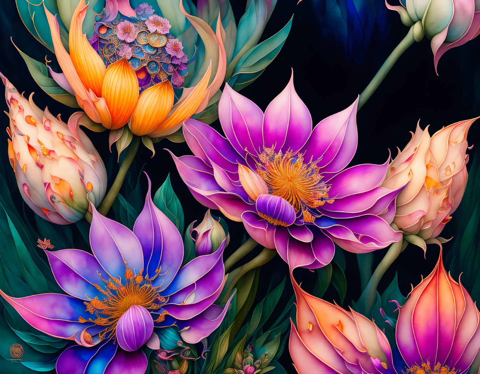 Colorful Stylized Flowers Illustration on Dark Background