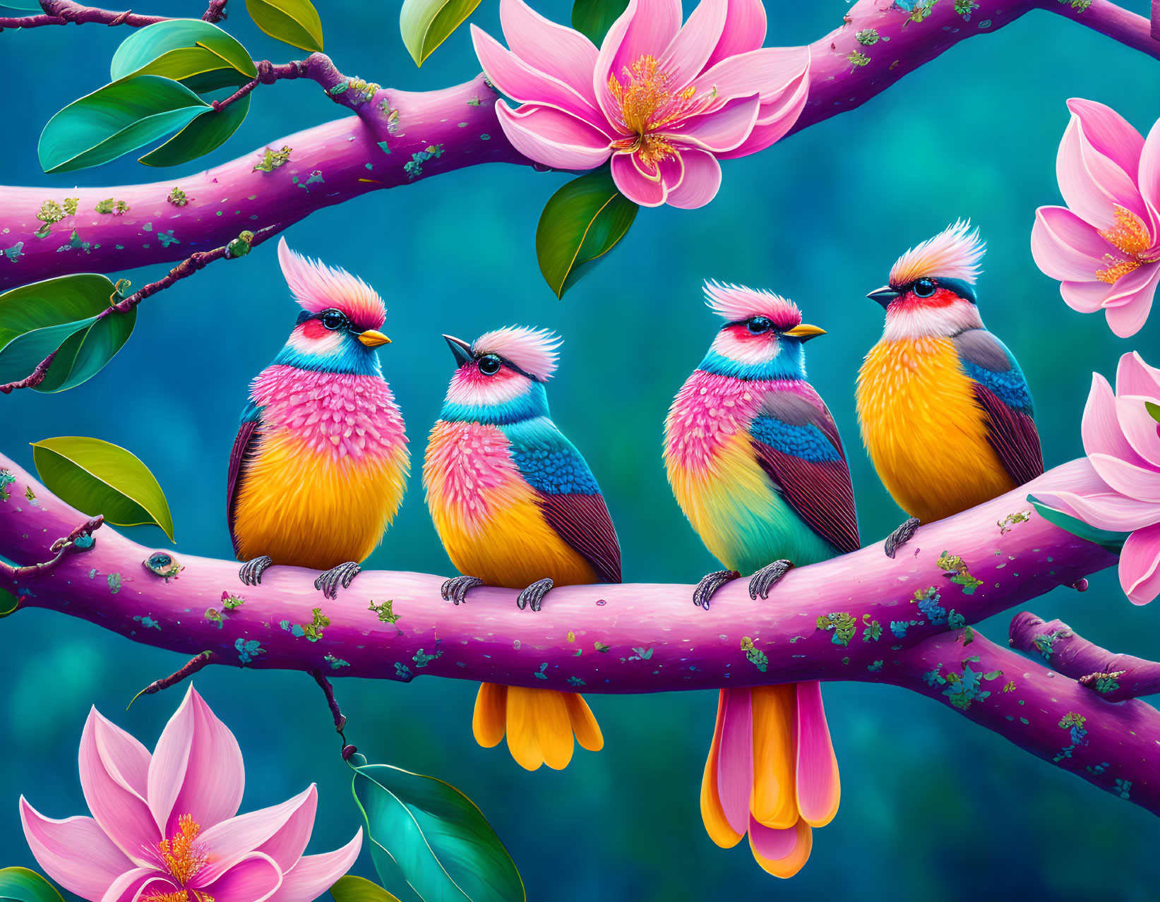 Colorful Birds Perched on Pink Blossomed Branch with Teal Background