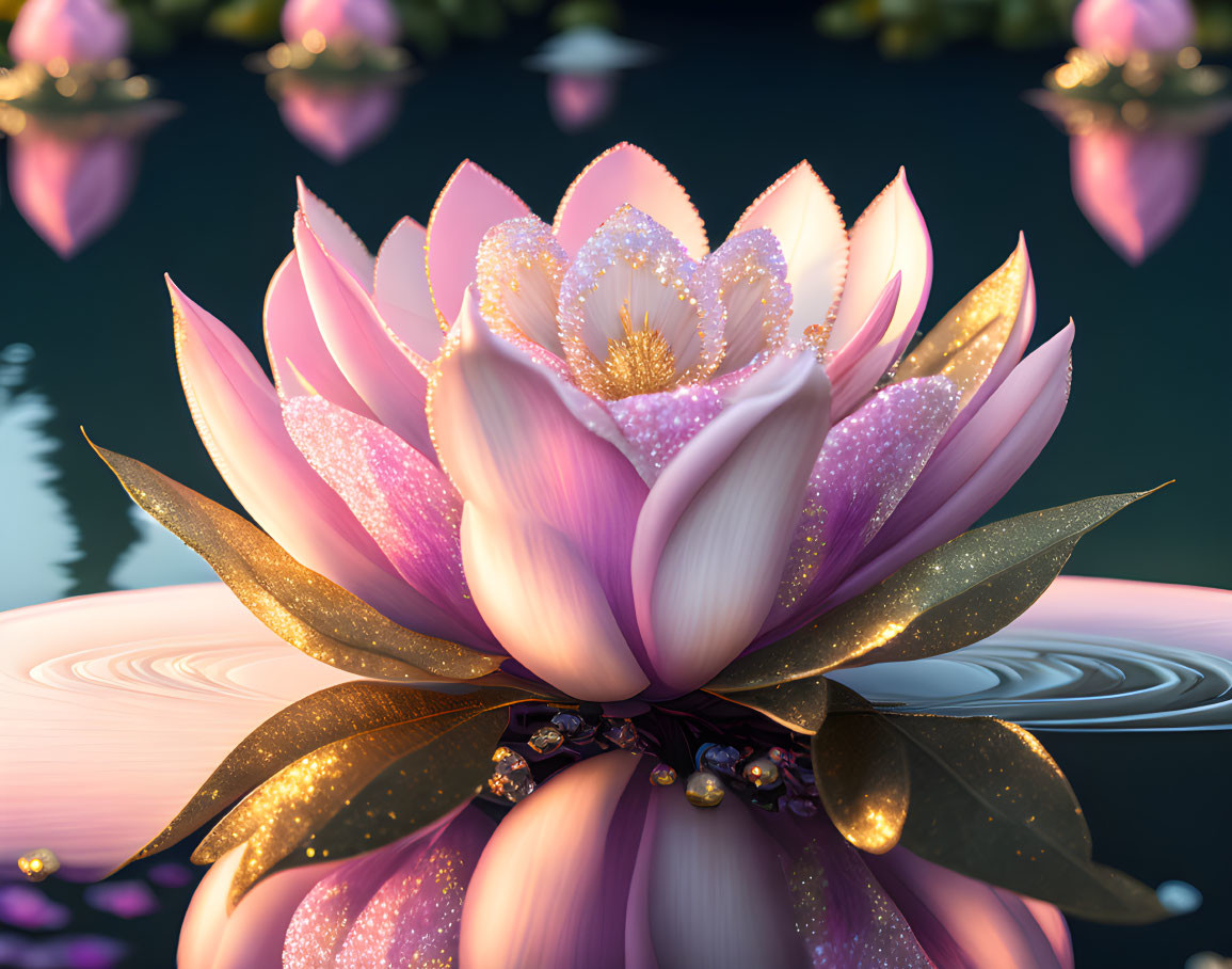 Digital art of pink lotus flower blooming on serene water