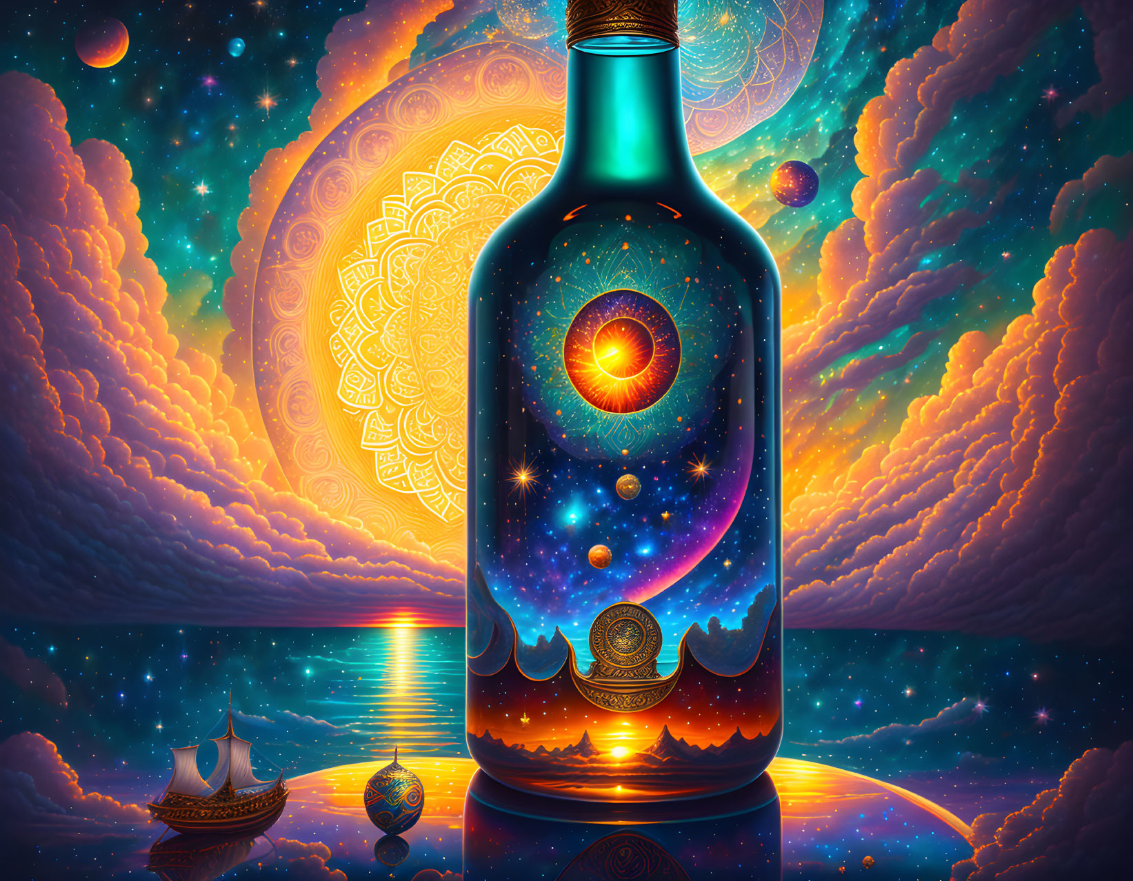 Surreal cosmic illustration of galaxy bottle with celestial bodies and mandala backdrop