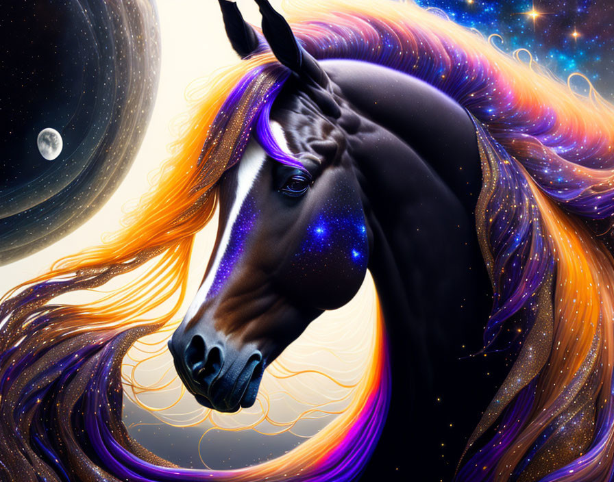 Majestic cosmic-themed horse with starry night sky mane