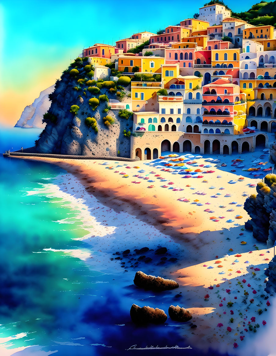 Vibrant cliffside buildings above sandy beach with turquoise waters and umbrellas