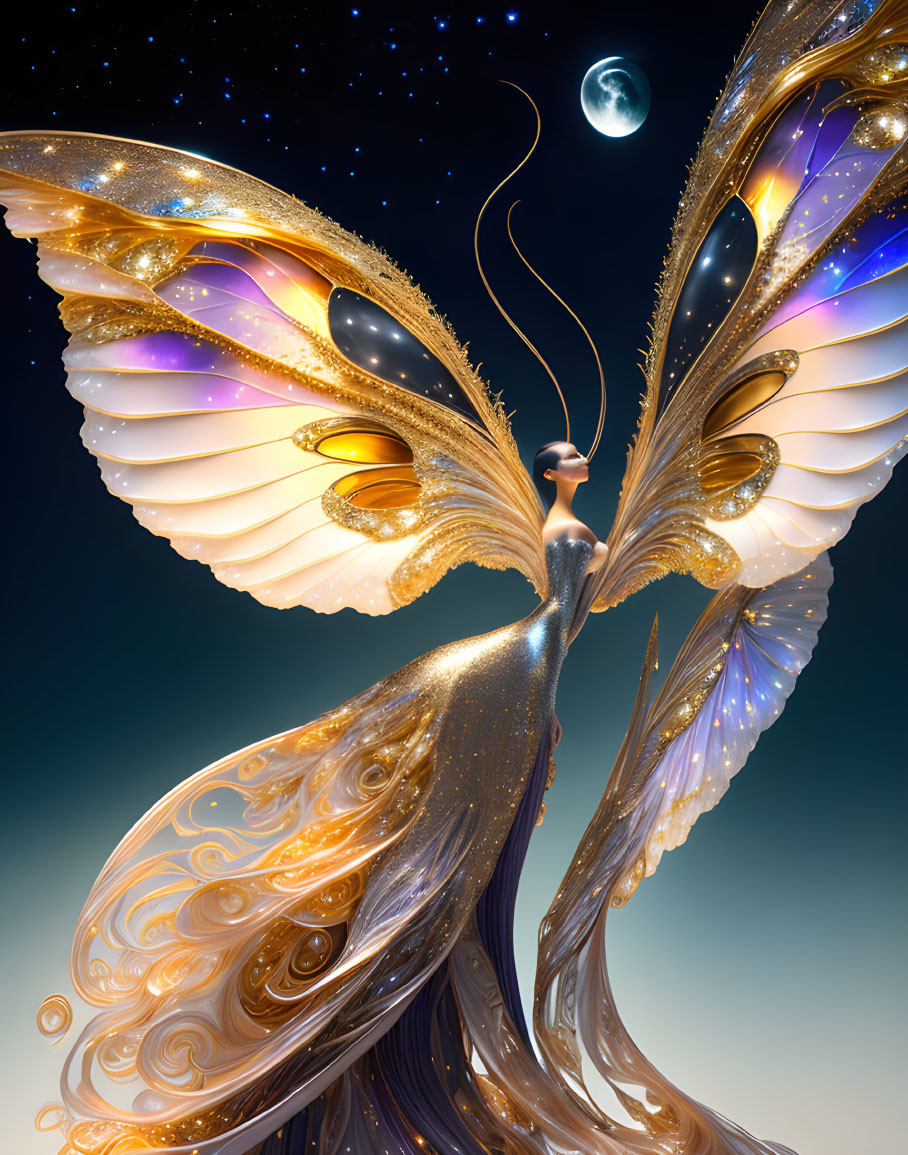 Fantastical butterfly-winged creature with golden designs in night sky.