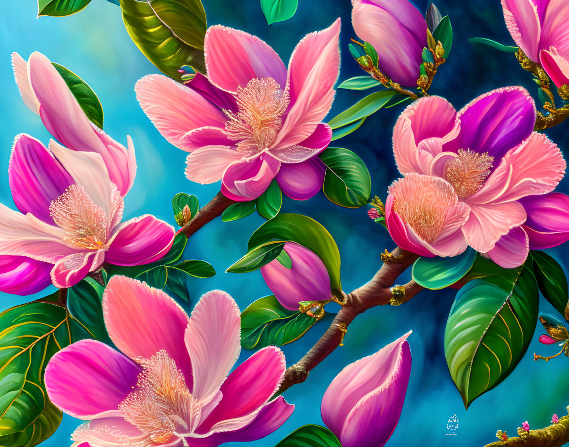 Detailed digital artwork: Pink magnolia flowers in bloom with bird on branch