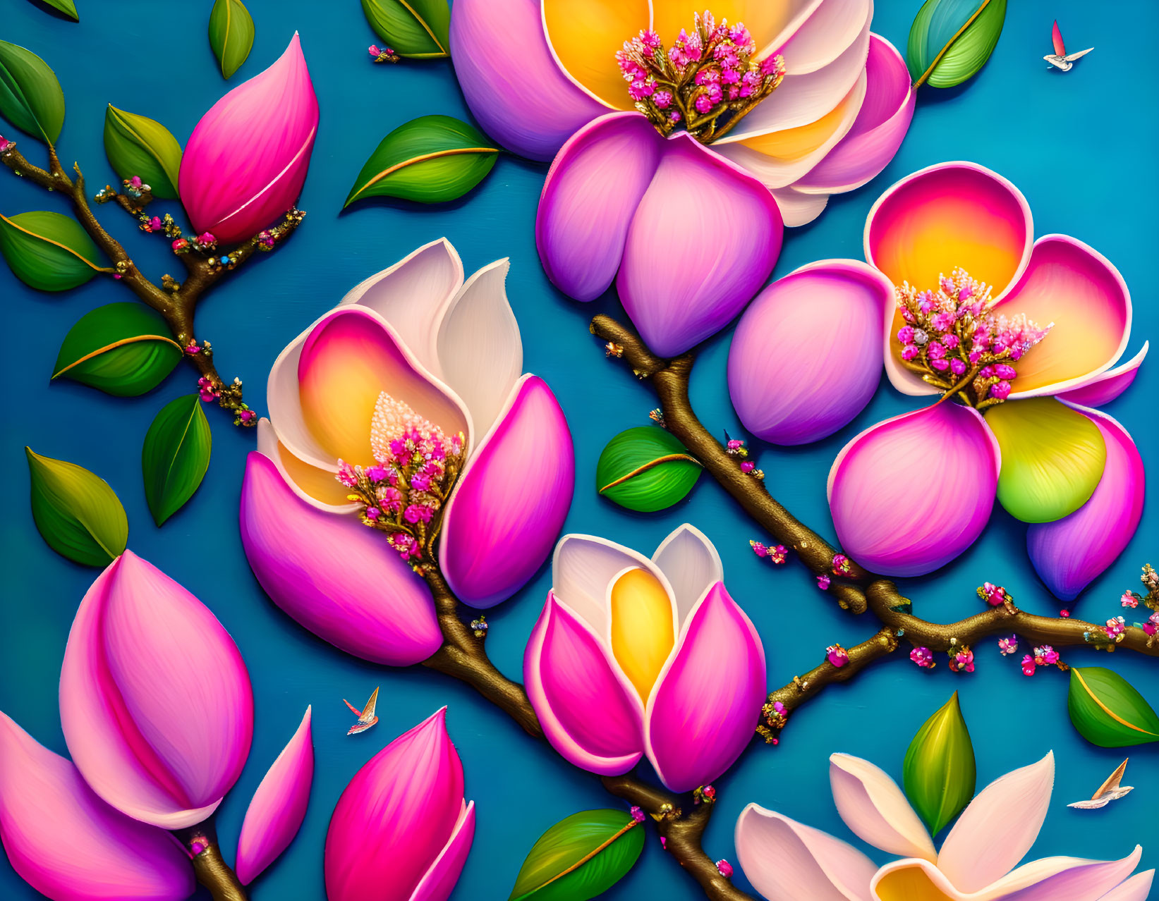 Colorful Stylized Magnolia Flowers Artwork with Birds on Teal Background