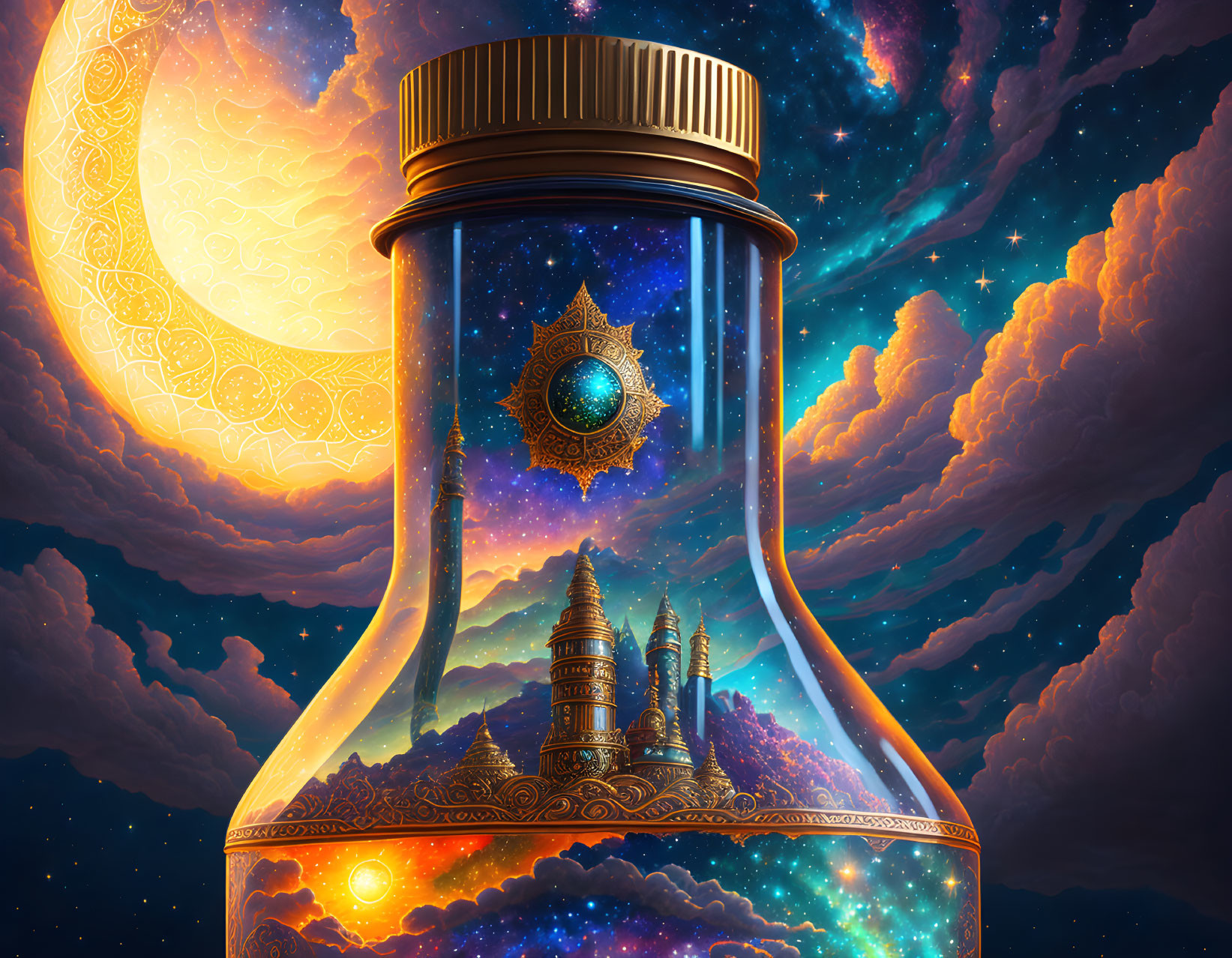 Transparent Bottle with Cosmic Scene: Stars, Planets, Clouds, and Mystical Castle under Cele