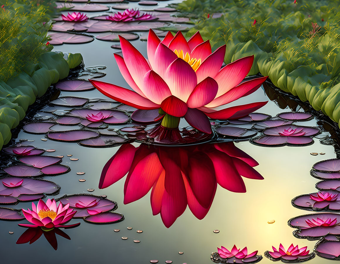 Pink lotus flower blooming over serene pond at sunset