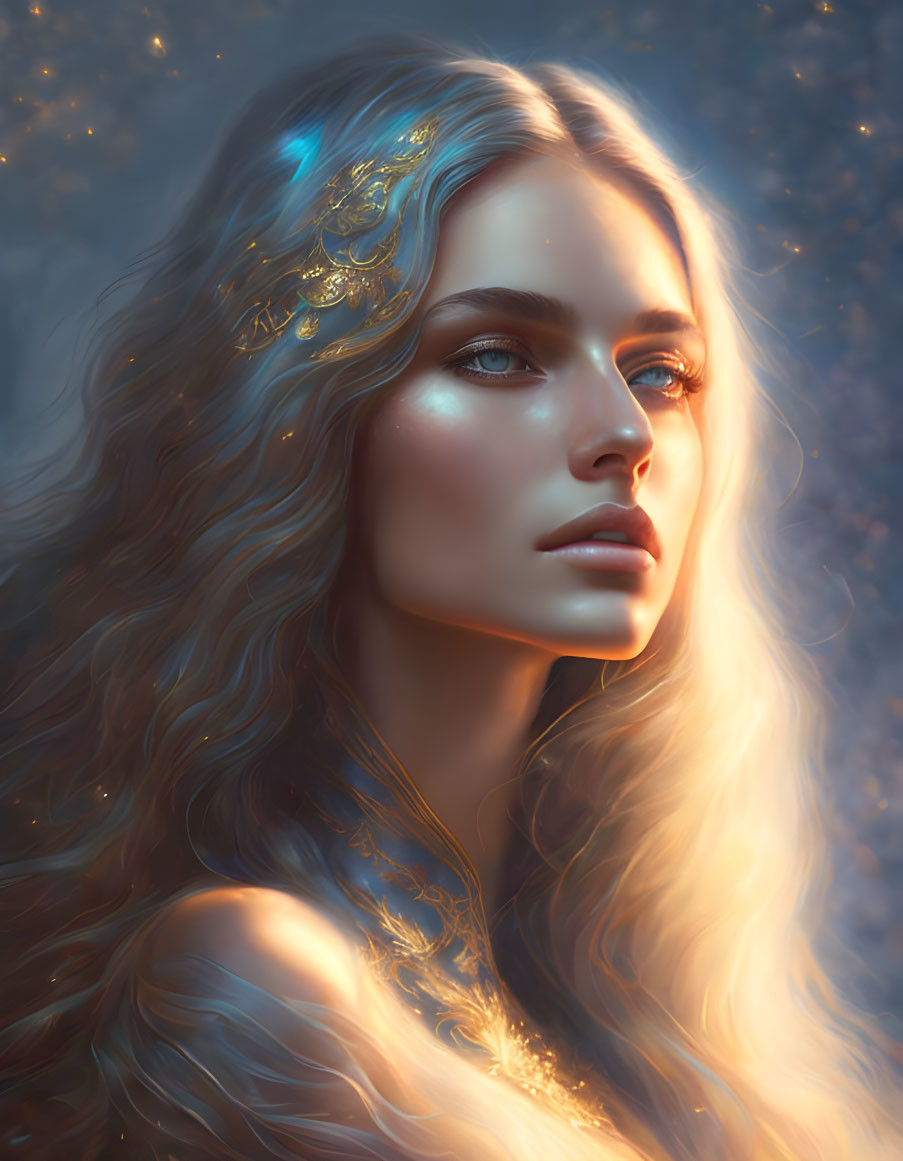 Blond-haired woman in gold tiara and ethereal light