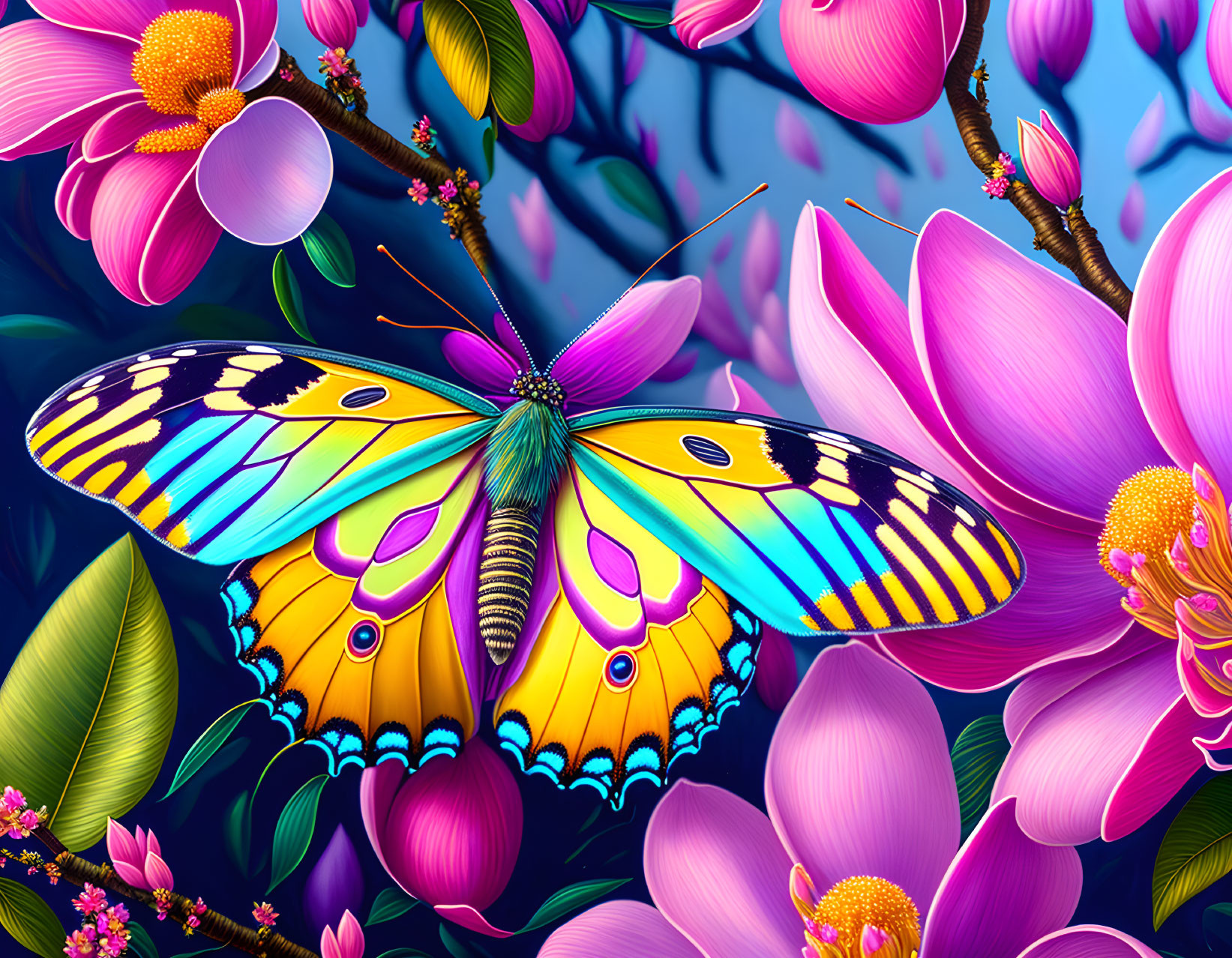 Colorful Butterfly on Pink Magnolia Flower Surrounded by Lush Greenery
