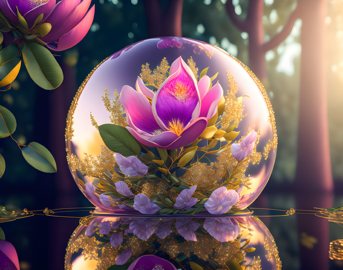 Lotus Flower in Crystal Sphere Surrounded by White Blooms and Gold Filigree
