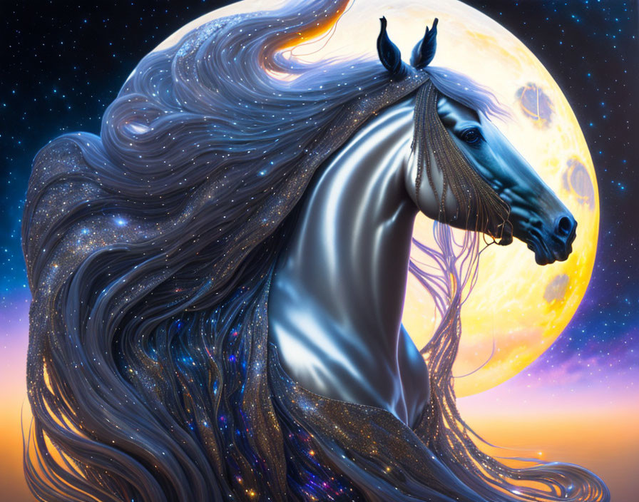 Silver horse with flowing mane under full moon and starry night sky