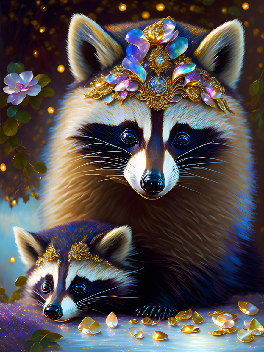 Two raccoons adorned with decorative elements: one in a jewel-encrusted tiara,