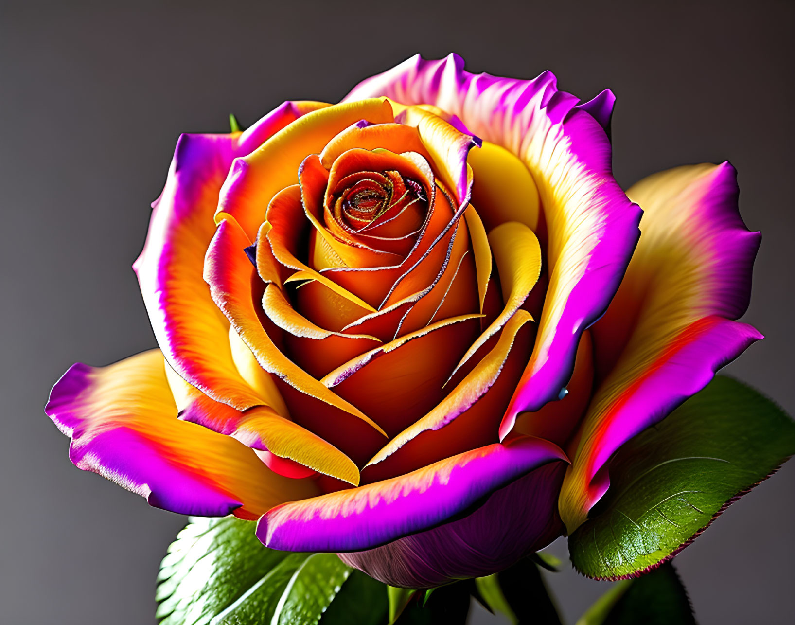 Vibrant multicolored rose with yellow, orange, and pink petals on grey background