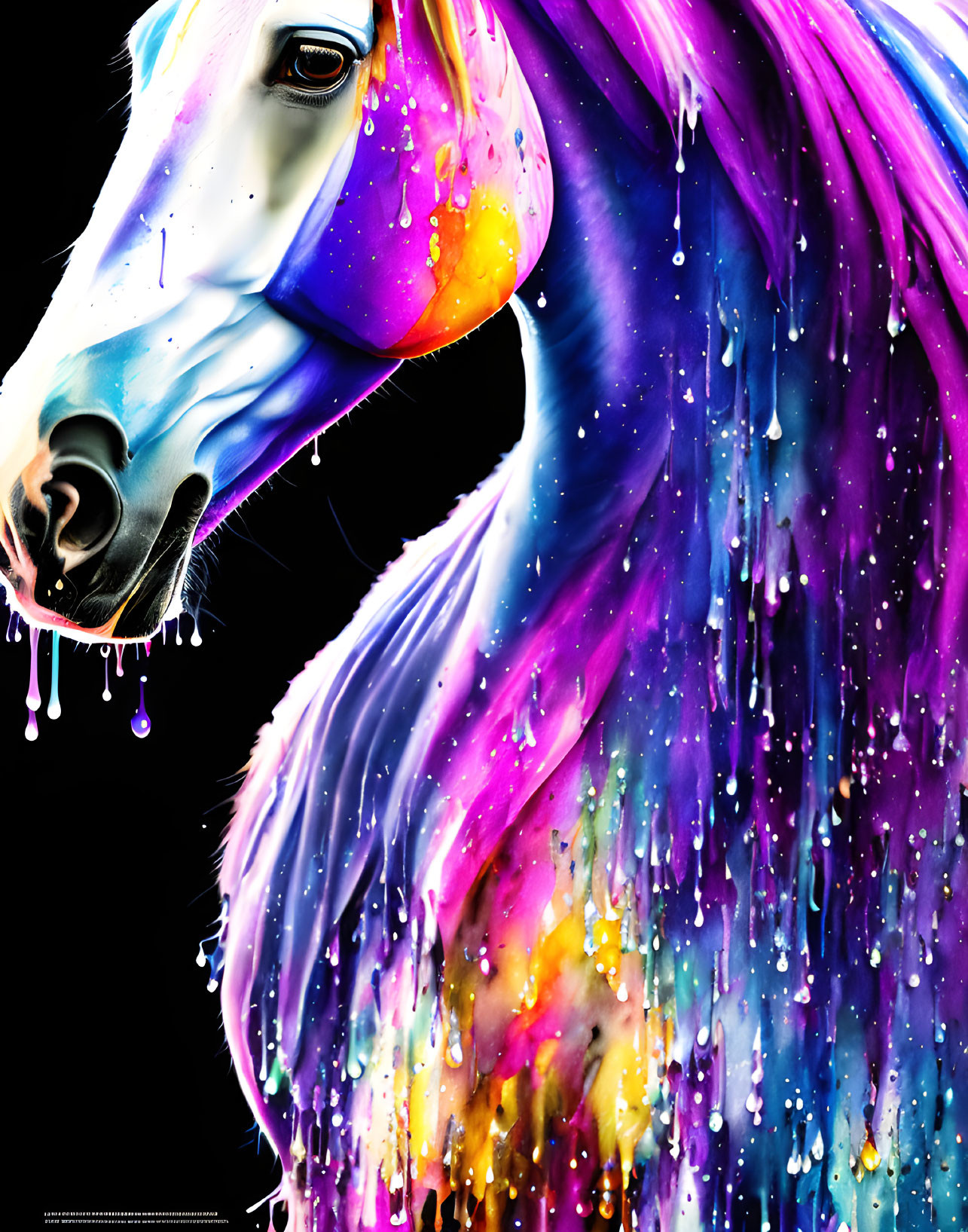 Colorful Horse Artwork with Cosmic Paint Drips on Black Background