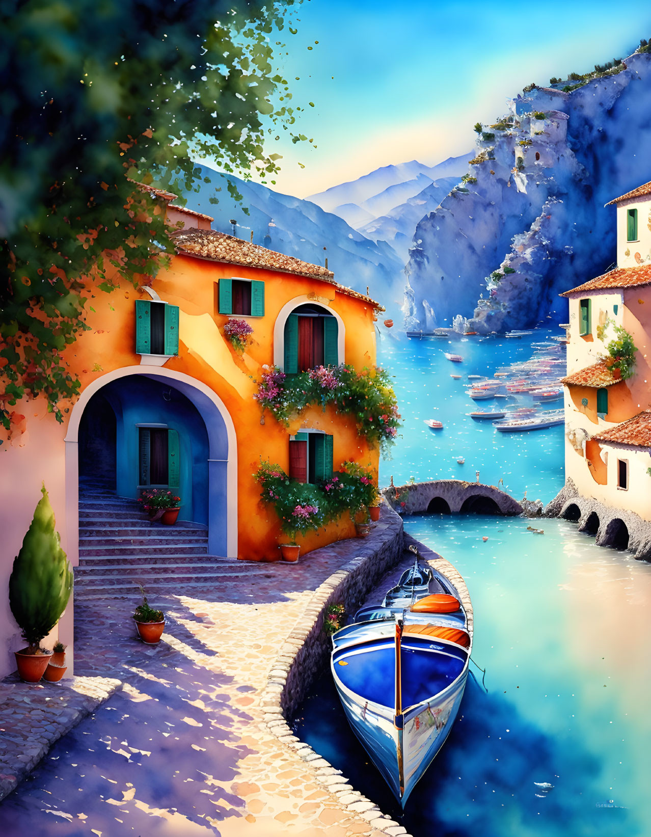 Colorful Mediterranean Coastal Scene with Boat and Stone Houses