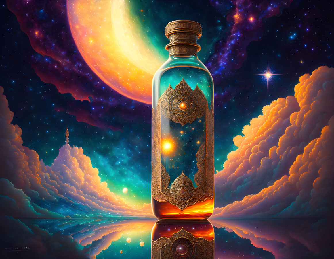 Colorful Glass Bottle Illustration Against Surreal Night Sky