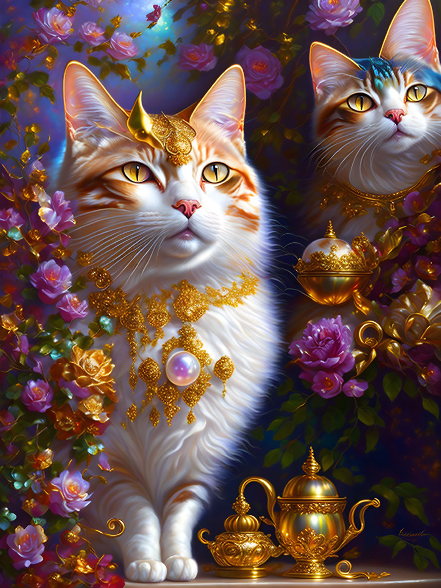 Regal cats with gold jewelry and crowns in a luxurious setting.