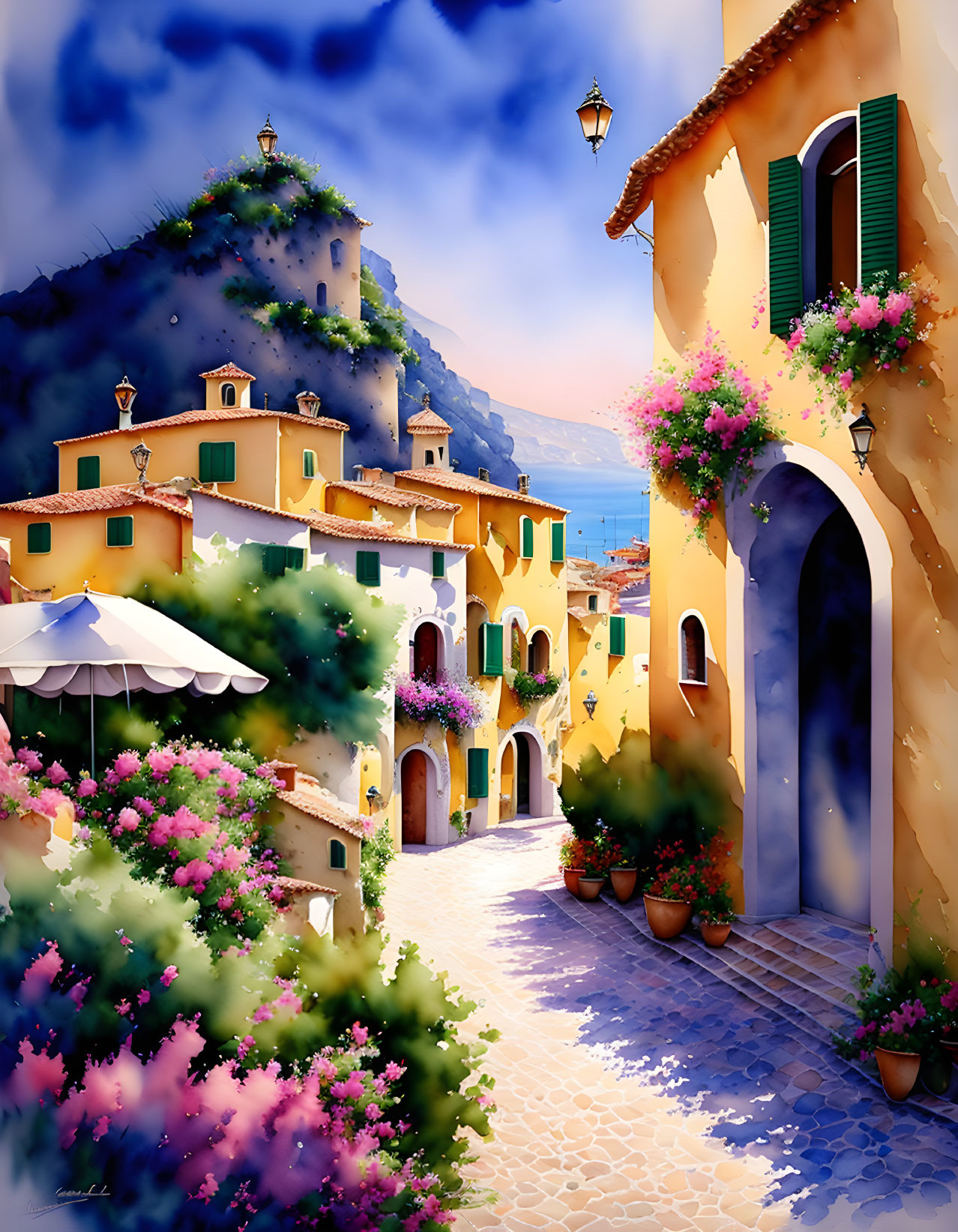 Colorful Coastal Village Painting with Cobblestone Street & Sea View