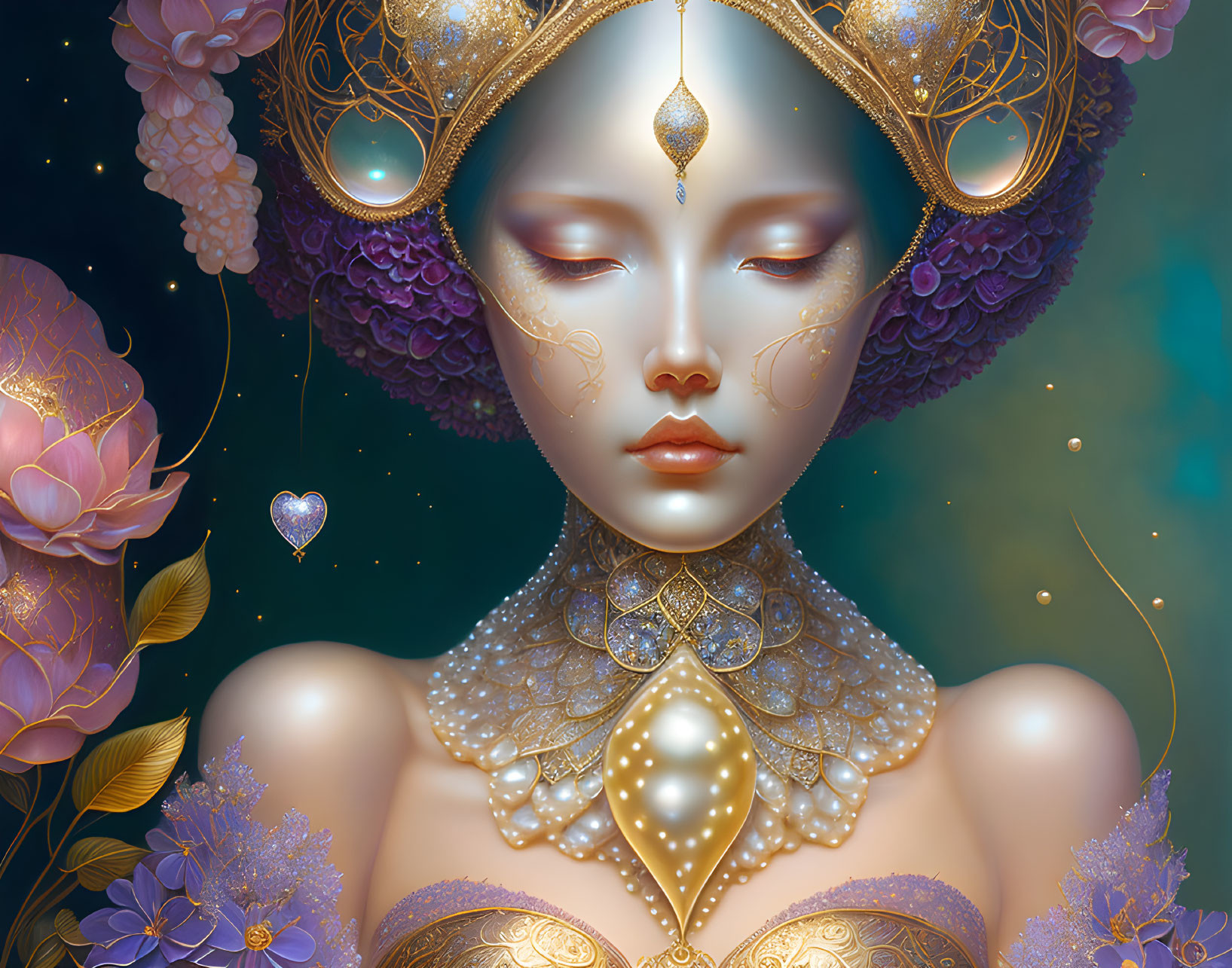 Ethereal woman illustration with ornate headdress and gold accents