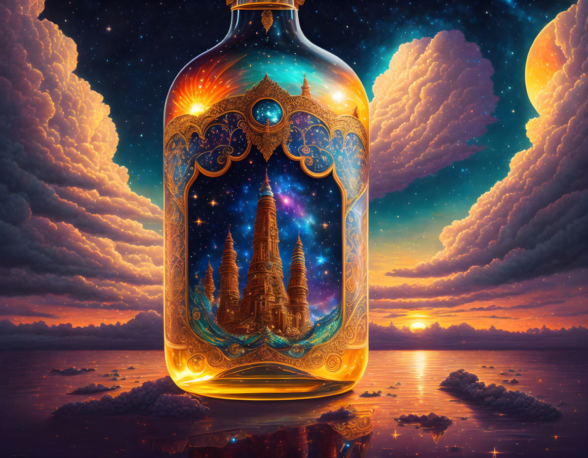 Glowing ornate bottle with cosmic tower and stars against sunset sky