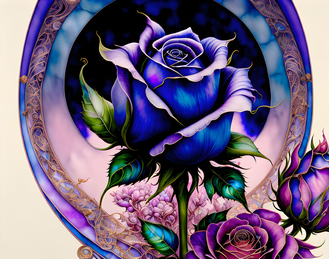Detailed blue rose with white highlights in ornate oval backdrop