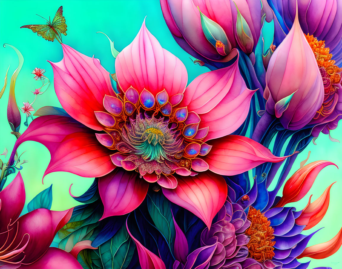 Detailed Purple and Pink Lotus Flowers Illustration on Turquoise Background