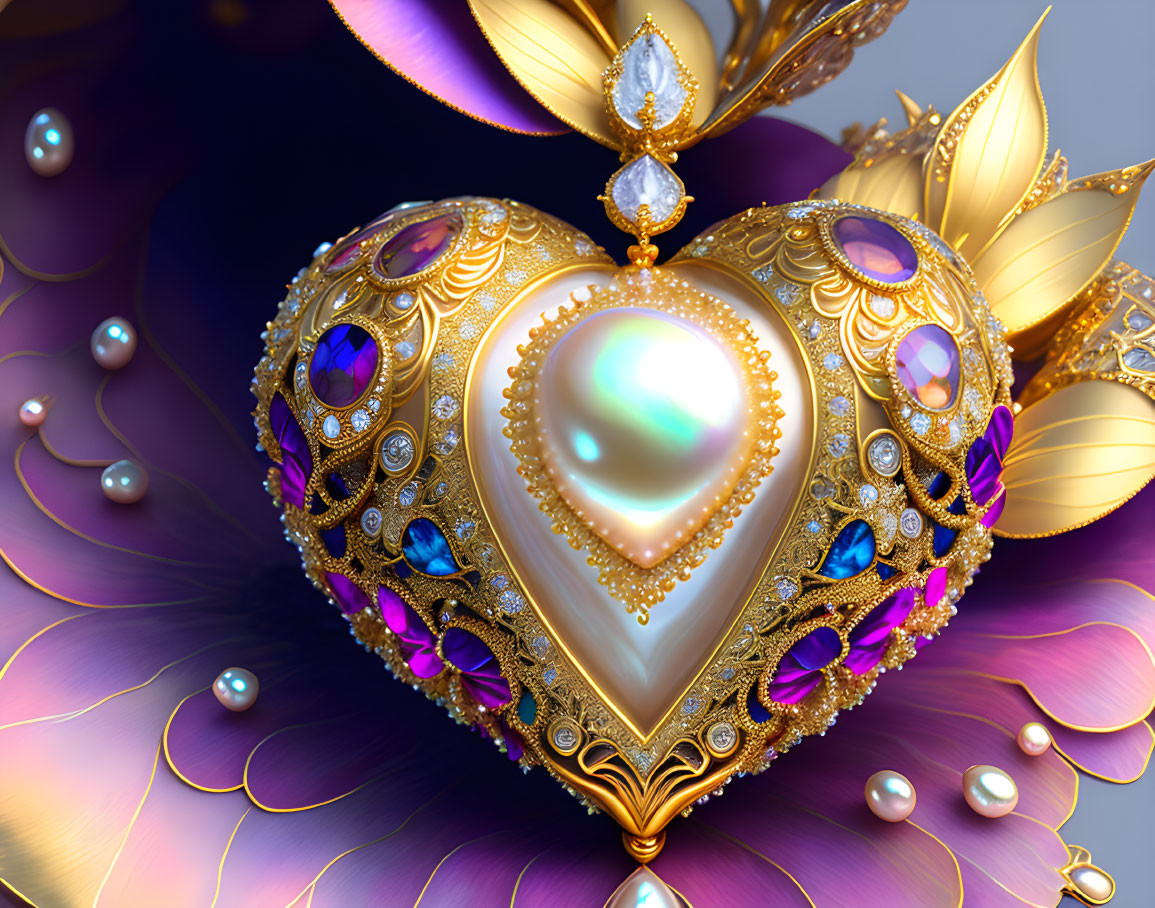 Ornate golden heart with pearls and gems on purple backdrop