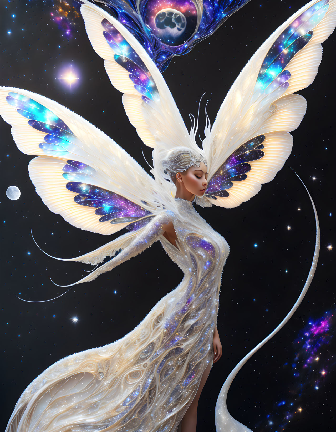 Celestial being with butterfly-like wings in starry cosmos