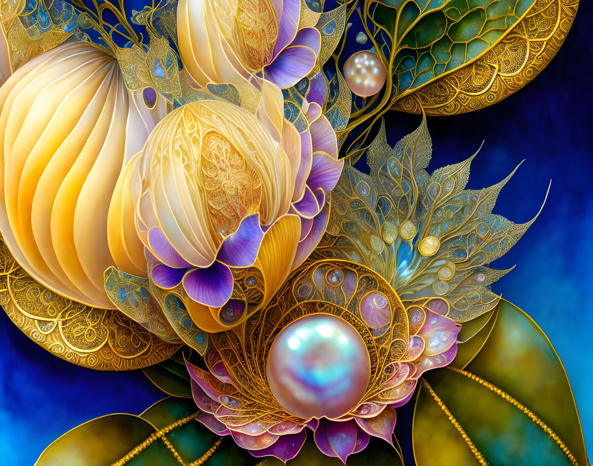 Digital Artwork: Golden Floral Patterns with Jewel-Toned Petals on Deep Blue Background