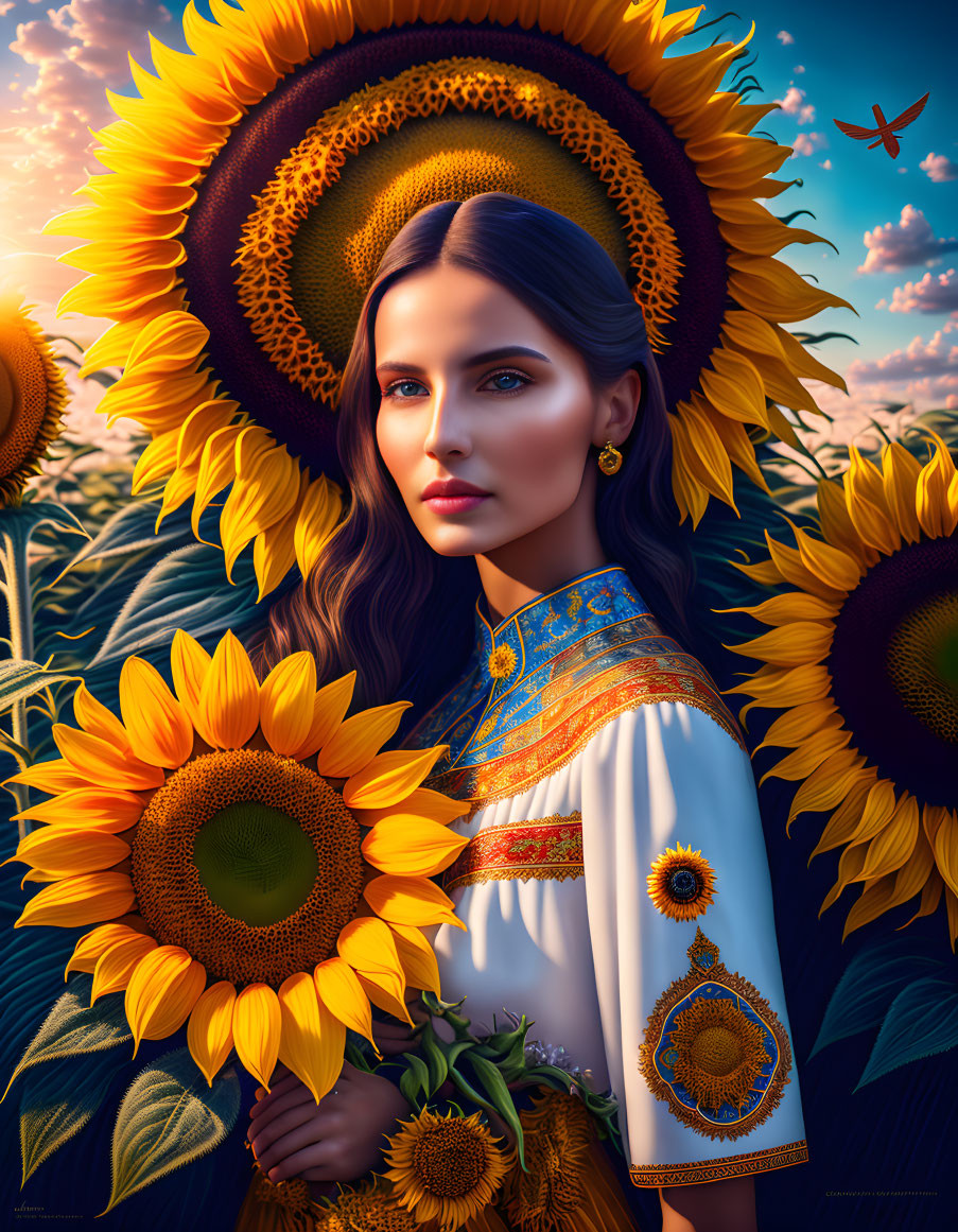 Woman in traditional attire surrounded by sunflowers under a sunset sky with airplane.