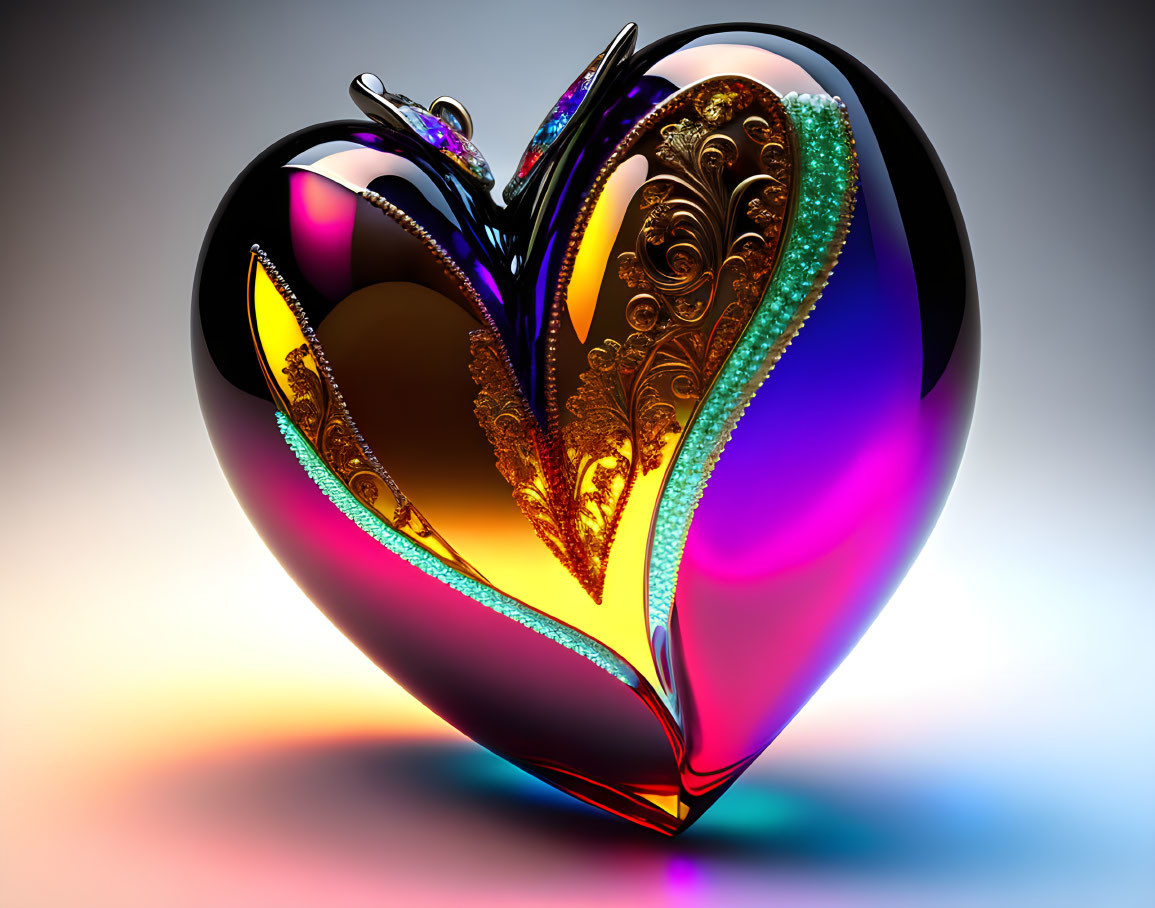 Colorful 3D heart with gold details on gradient background