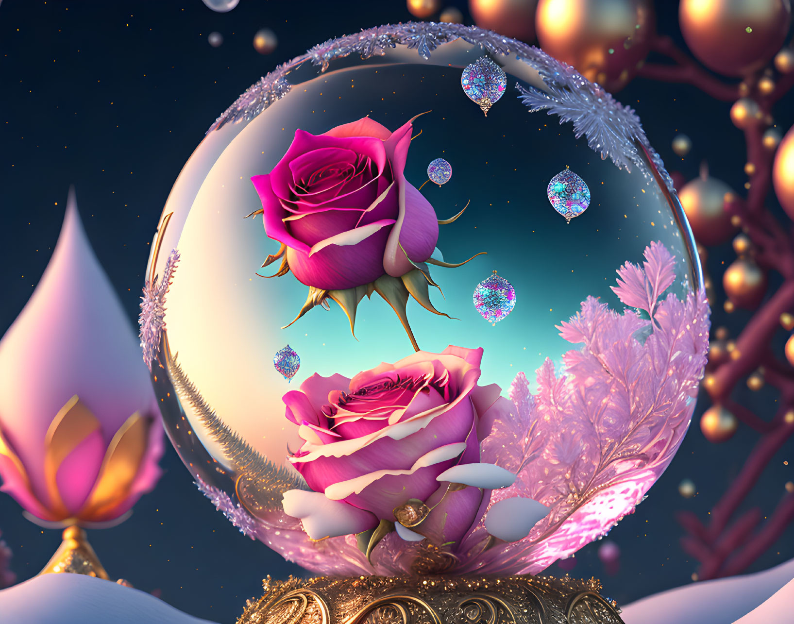 Levitating roses in transparent sphere with orbs, crystals, and ethereal flora