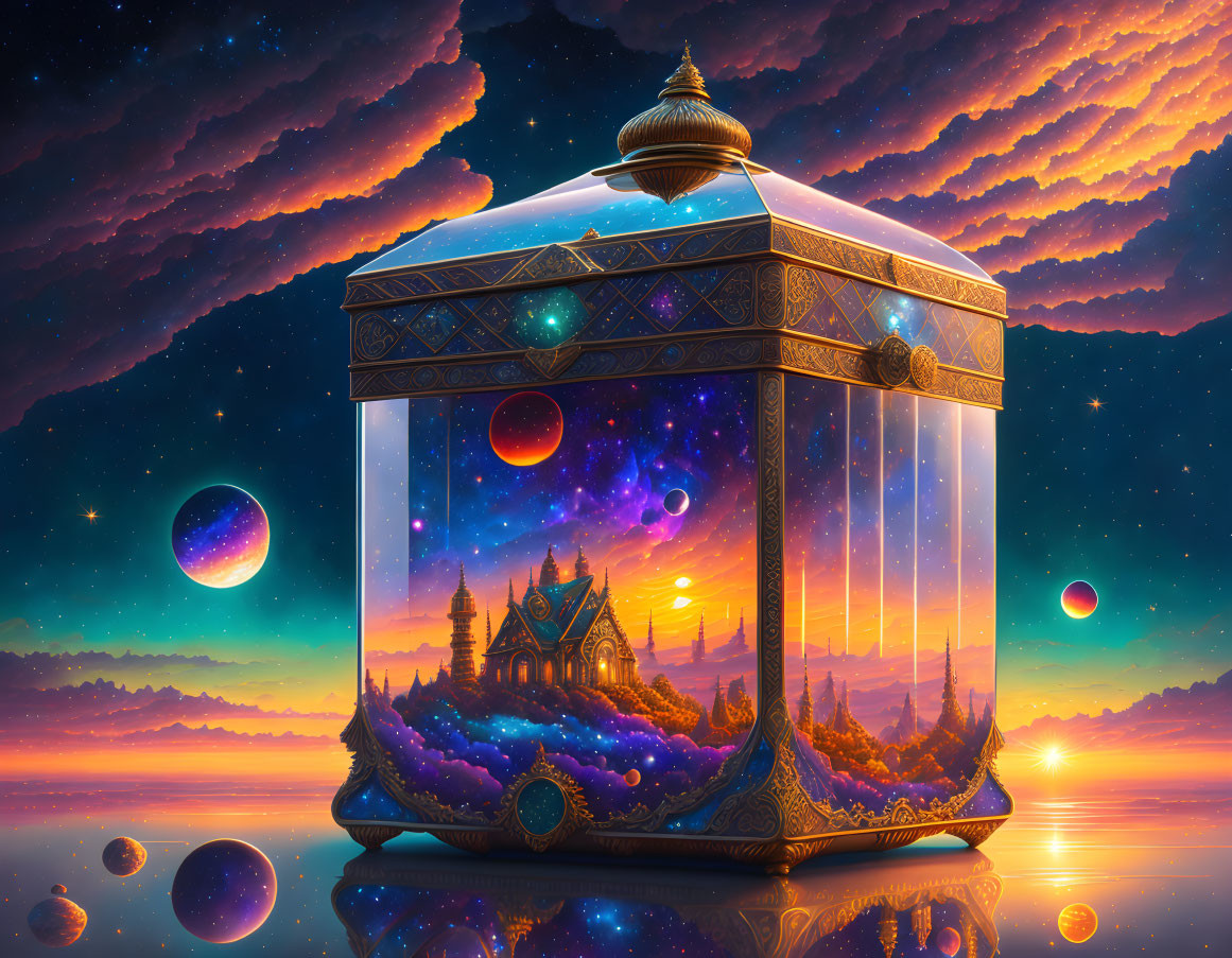 Fantastical lantern with cosmic scene: celestial bodies, castle, sunset, surreal waters